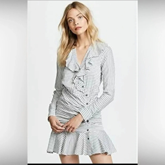 Veronica Beard Kai Blue & White Striped Ruffle Button Front Mini Dress - Picture 1 of 6